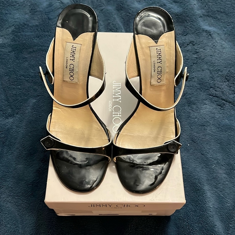 Vintage forward strap jimmy choo. Black/white buckle detailing w/original box.